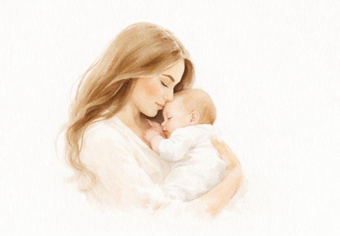 A series of three sepia-toned illustrations showing tender moments between a mother and baby.