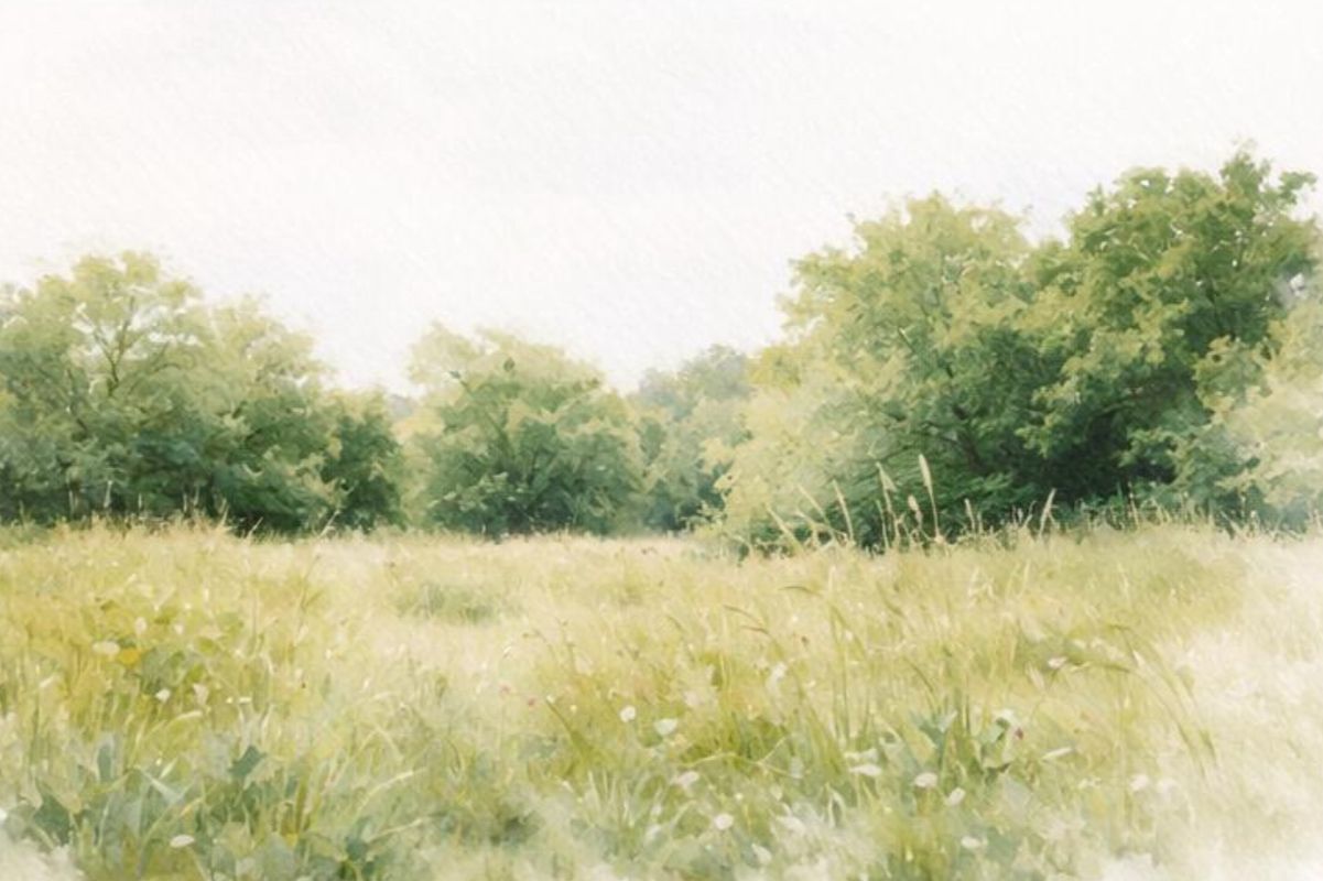 Panoramic view of a serene meadow landscape with green grass and trees under a bright summer sky.