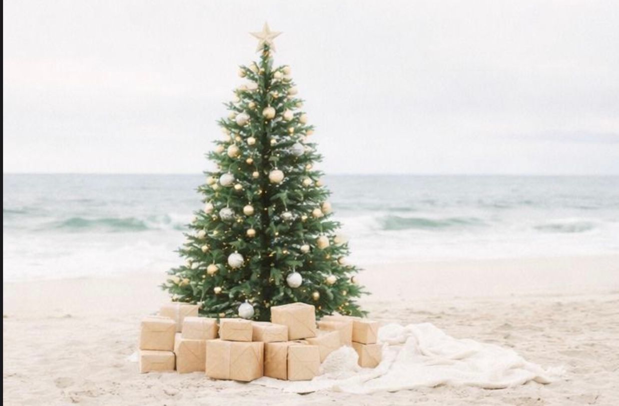 Decorated Christmas tree with wrapped presents sits on sandy beach with ocean waves in background.