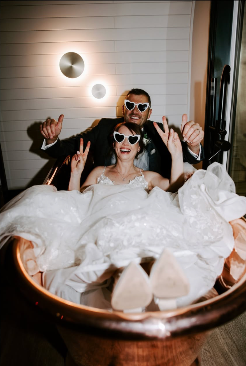A series of 8 sequential photos showing a playful bathtub scene with sunglasses and white bubbles or foam.