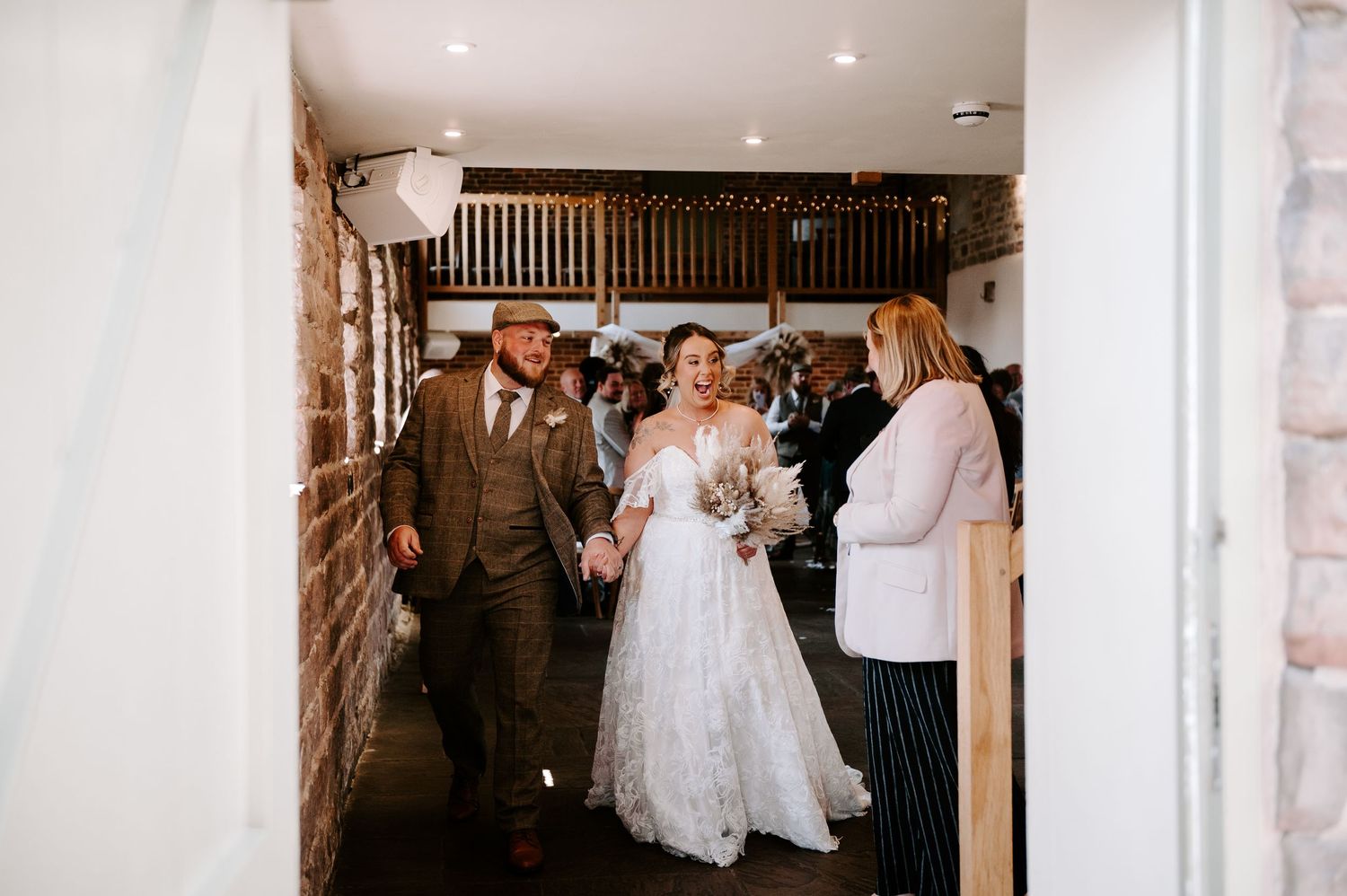 A collage of wedding moments showing multiple scenes in a venue hallway with a traditional decor and natural lighting.