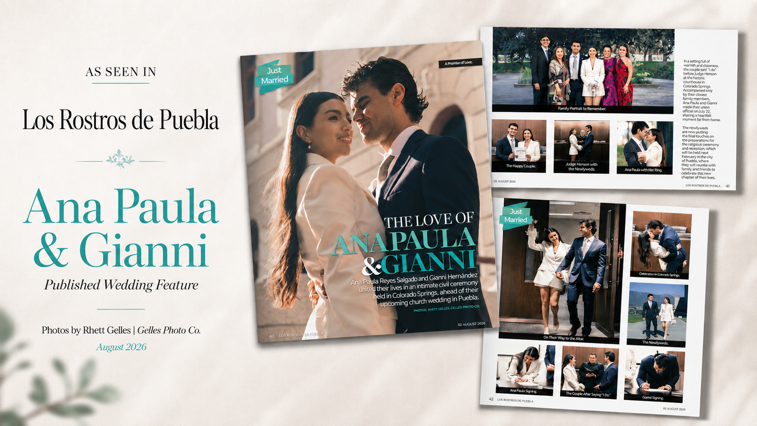 Published wedding feature of Ana Paula and Gianni in Los Rostos de Puebla magazine with elegant couple photos.