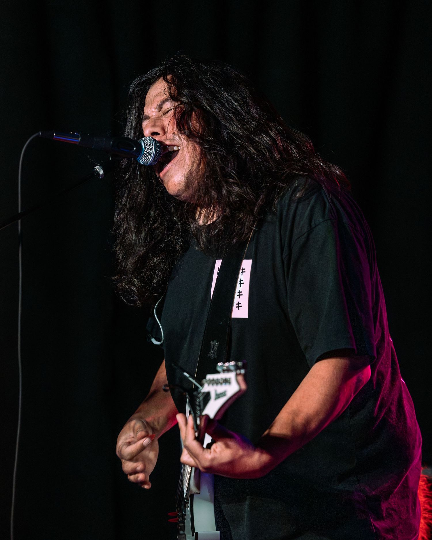 Long-haired guitarist sings passionately into microphone on stage under dramatic pink and purple lights.