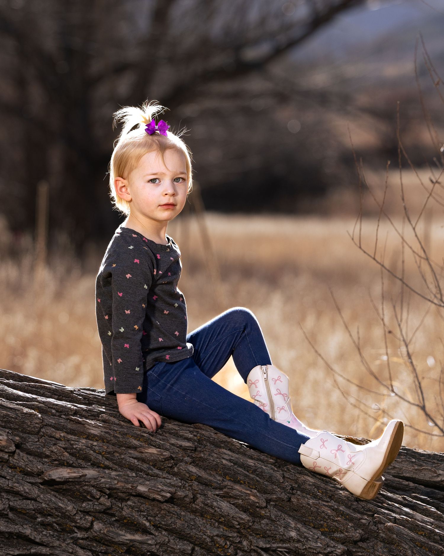 Young blonde girl in dark floral top, jeans, and cowboy boots sitting on a log in a golden field.