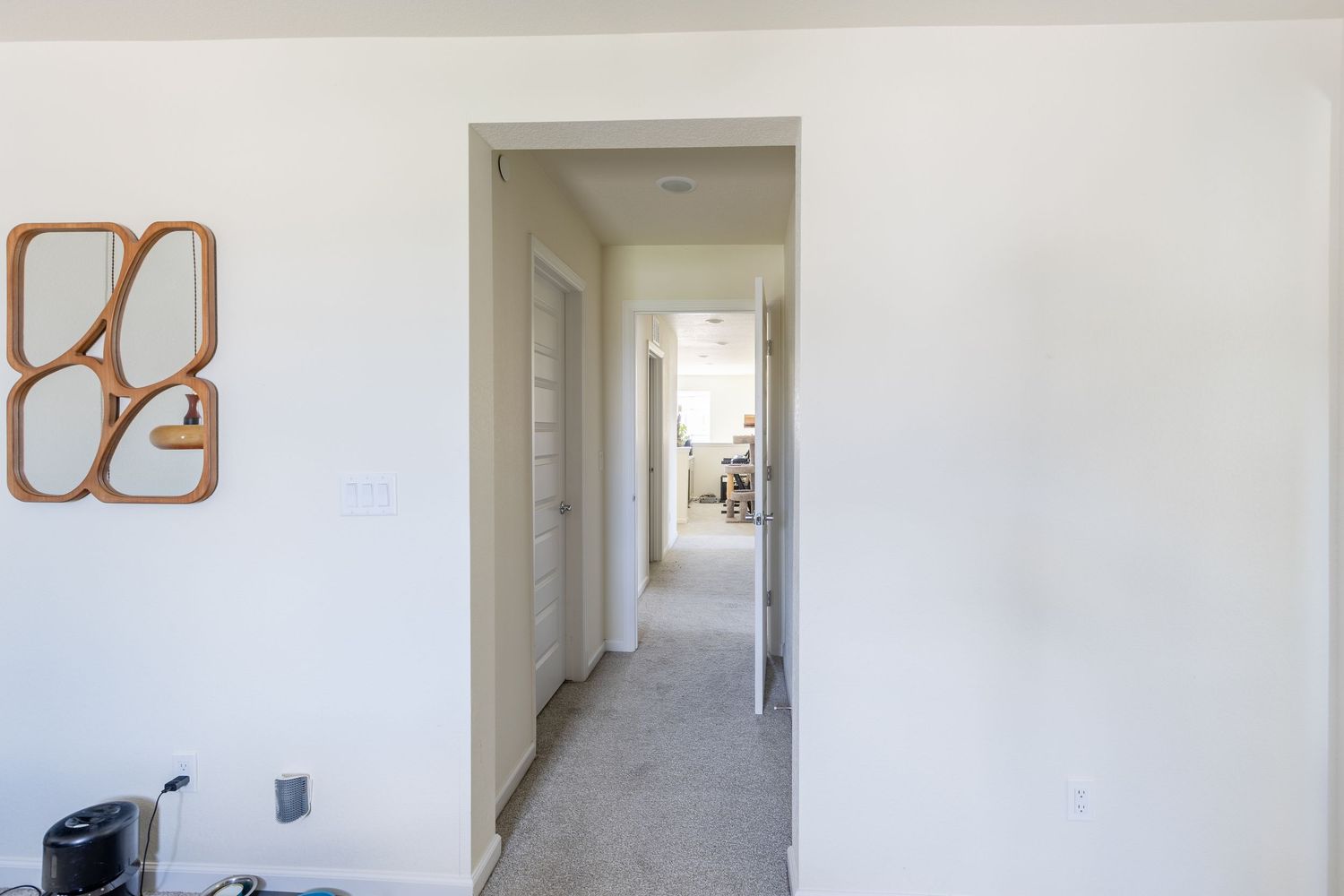 Bright hallway with carpet flooring, white walls, and decorative wall art leading to living area.