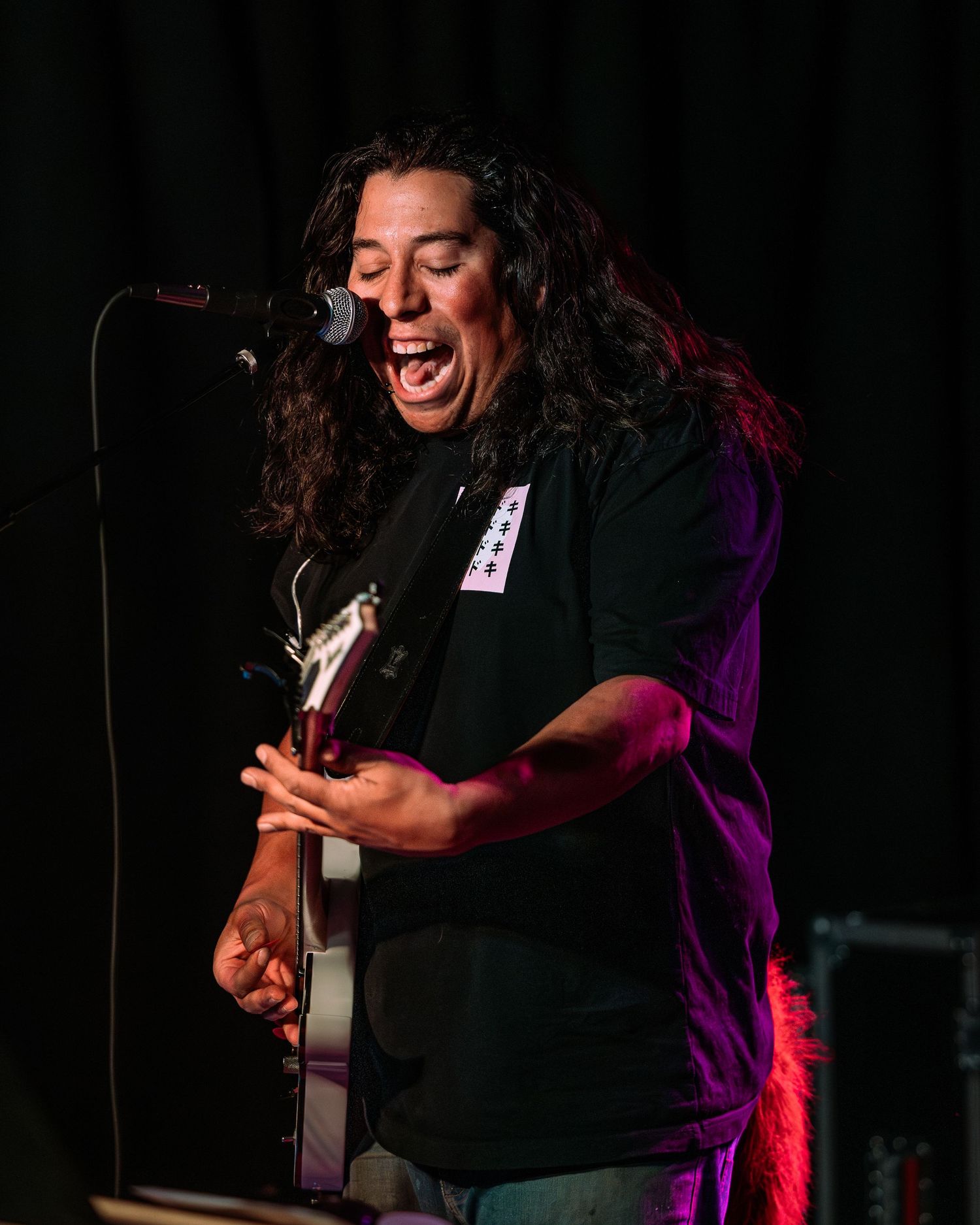 Long-haired male guitarist sings passionately into microphone while playing guitar under purple stage lights.