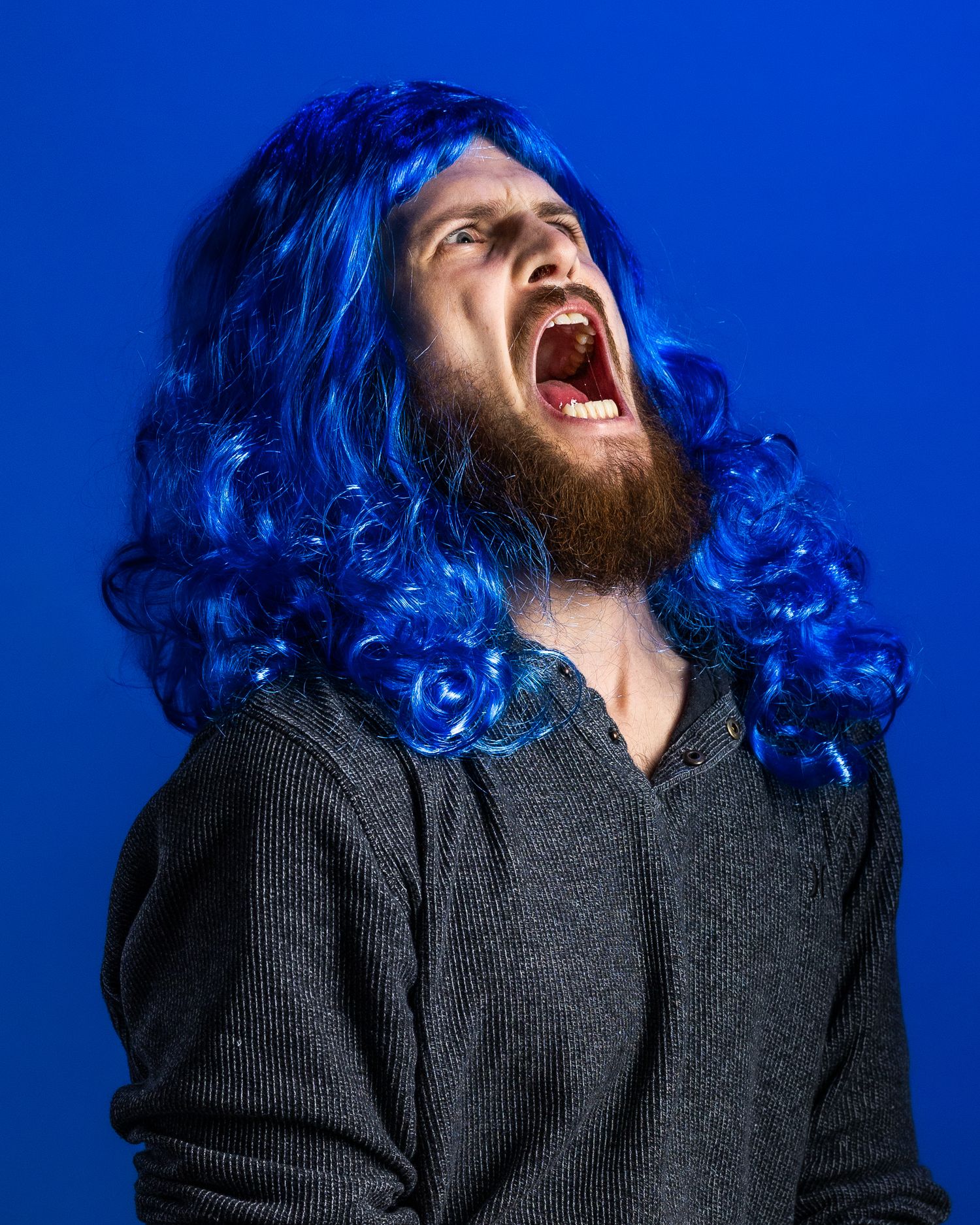 Person with bright blue curly wig laughing expressively against vibrant blue background.
