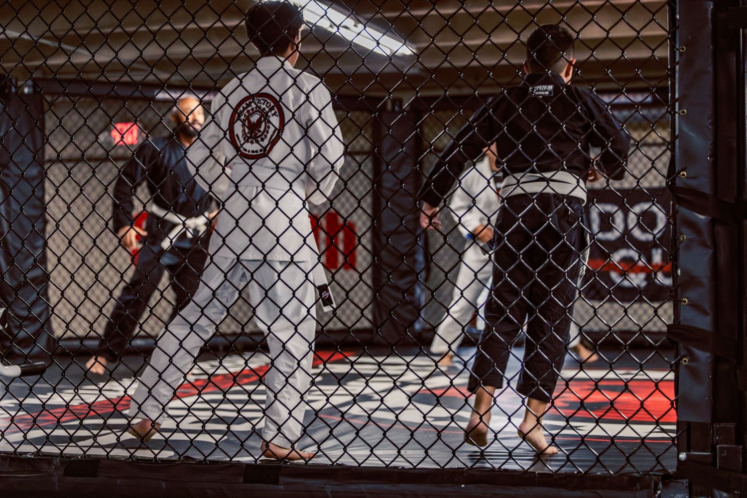 Side view through fence of fitness class participants during workout routine.
