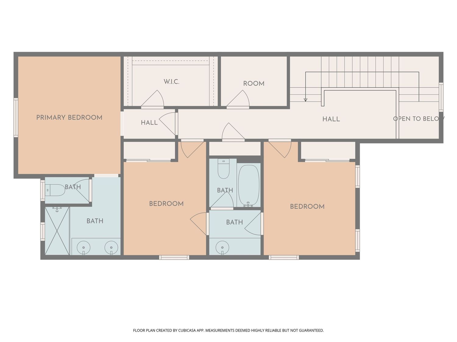 Second floor plan showing primary bedroom, three additional bedrooms, bathrooms, and hall layout.