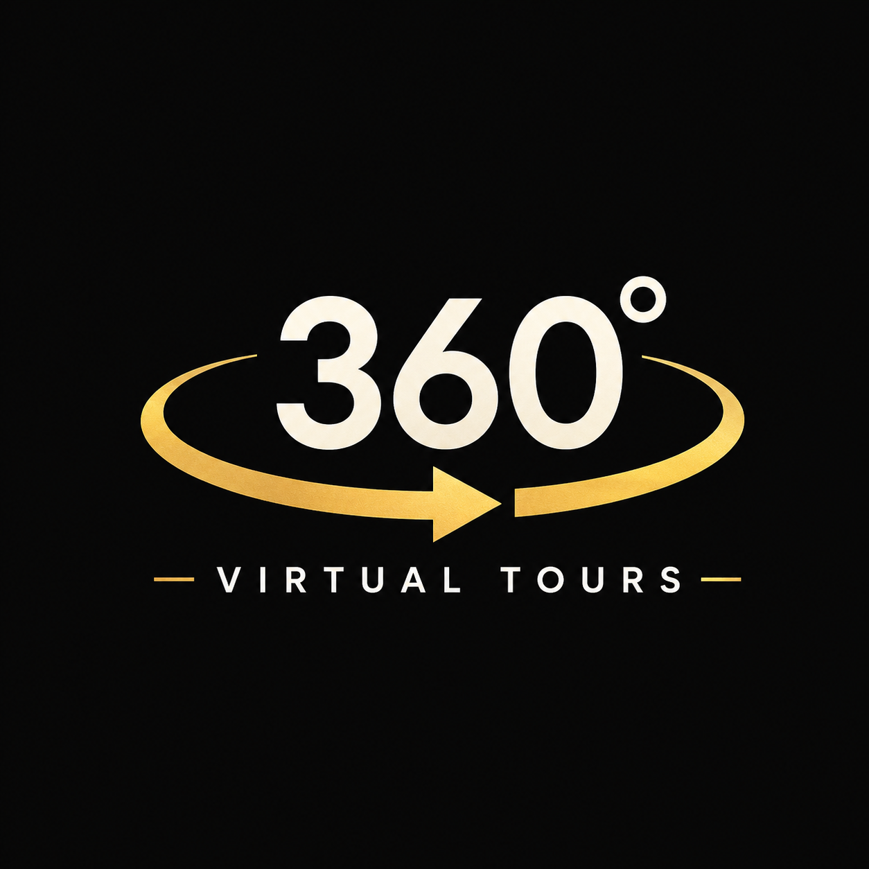 360 degree virtual tours logo with gold arrow and text on black background.
