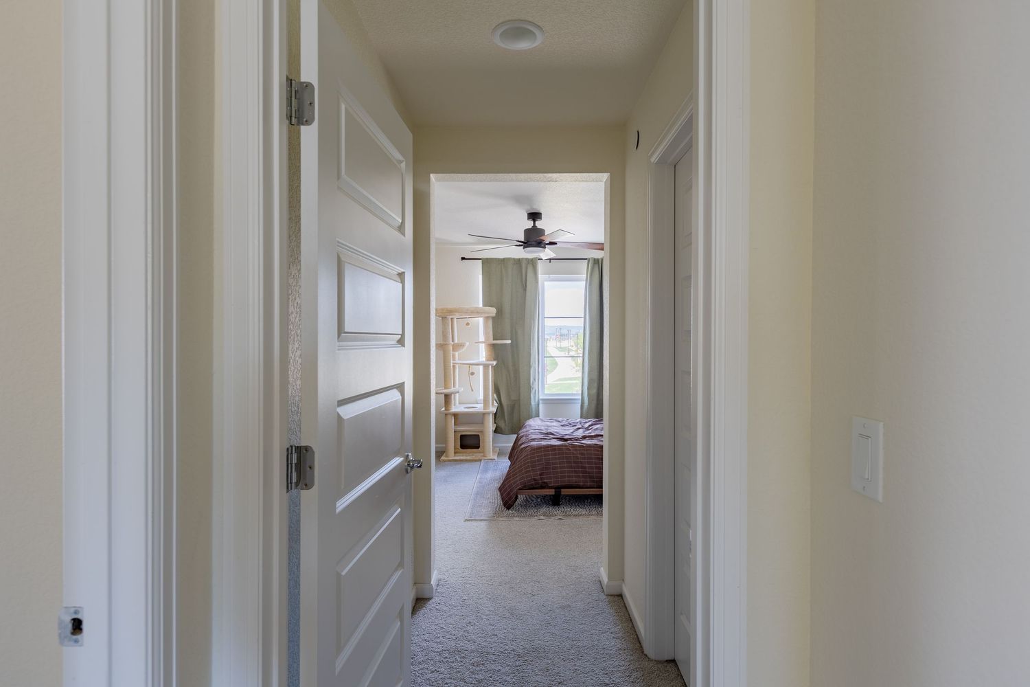 Bright hallway leading to a carpeted bedroom with a ceiling fan and natural light from a window.