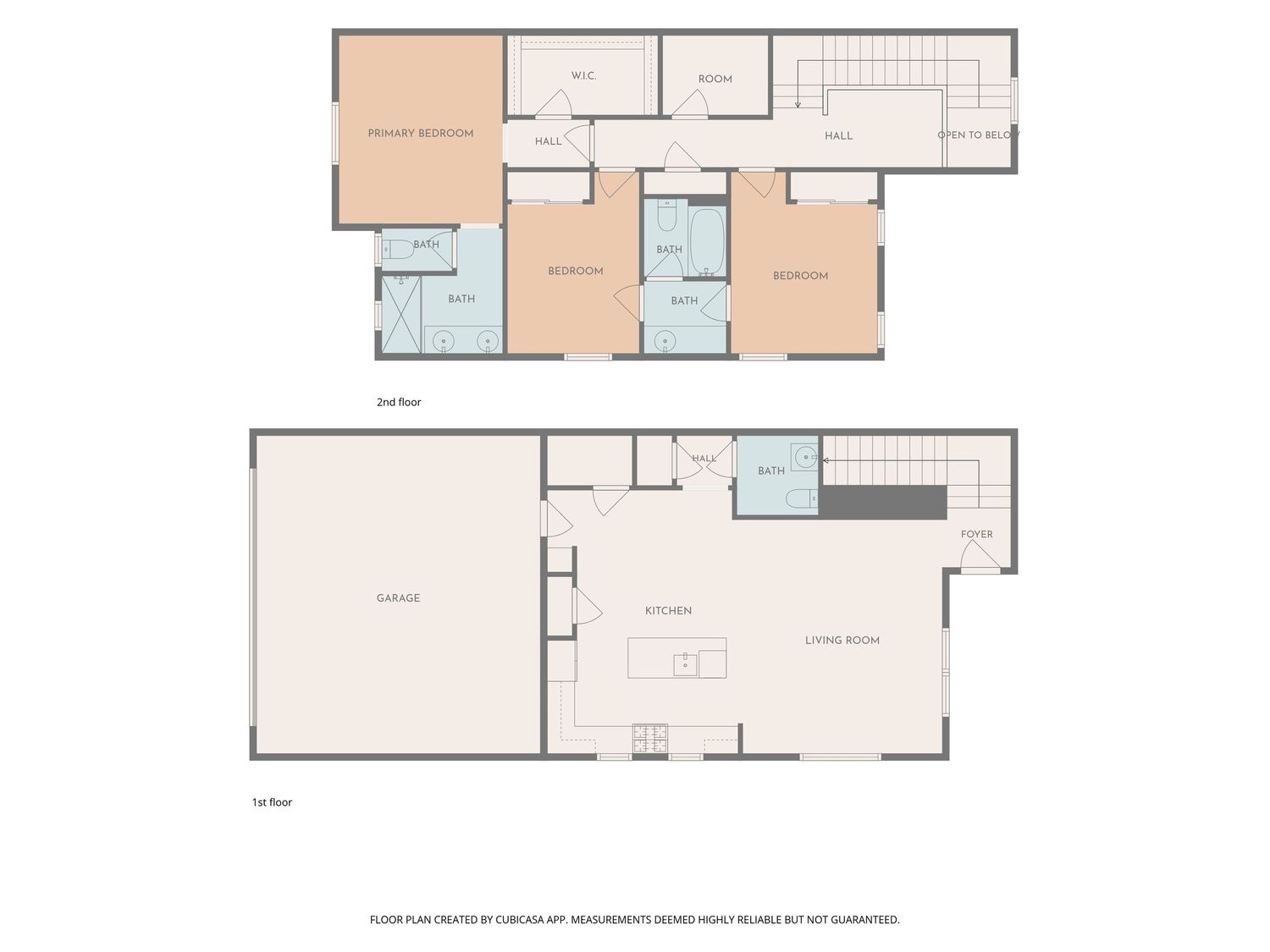 Two-story house floor plan displaying upper bedrooms and lower level with garage and living room.