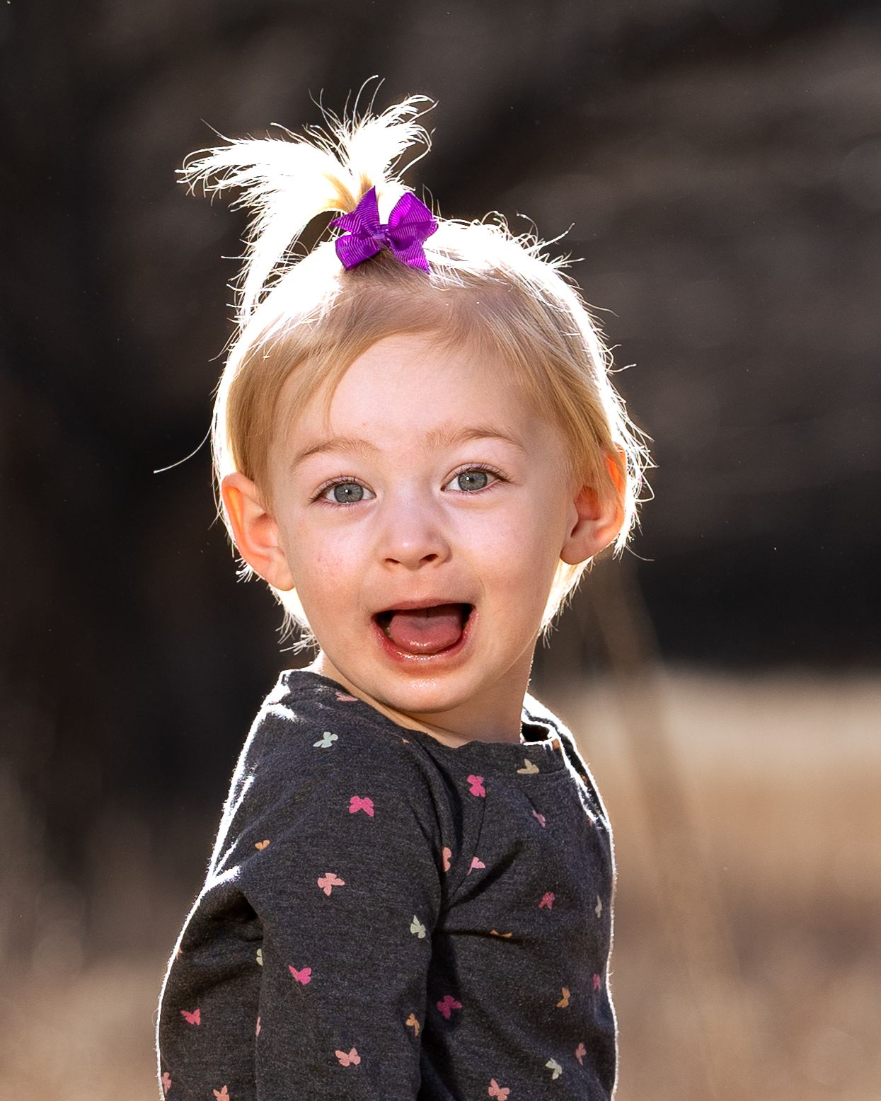Joyful toddler girl with blonde pigtail and purple bow, wearing dark floral shirt, laughing outdoors in warm sunlight.