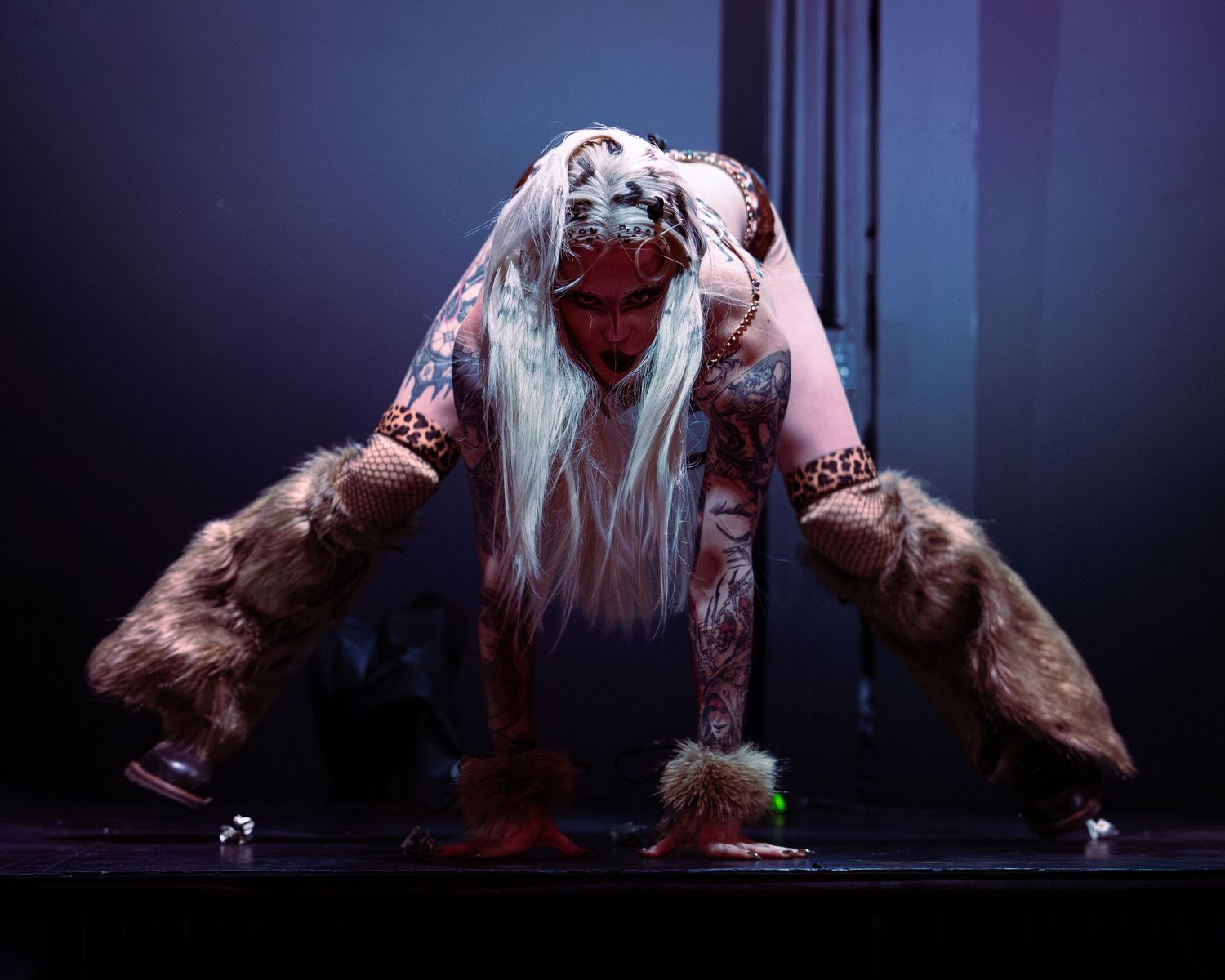 Performer in white wig and fur leg warmers crouches dramatically on stage in elaborate costume under blue lighting.