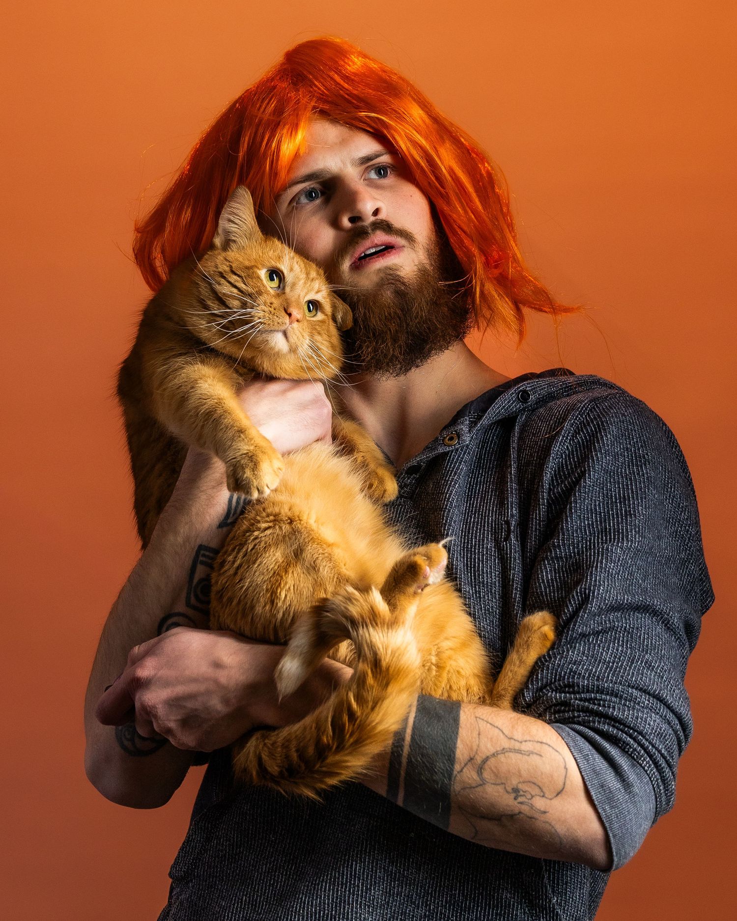 Person in dark sweater holding orange tabby cat against warm orange backdrop.