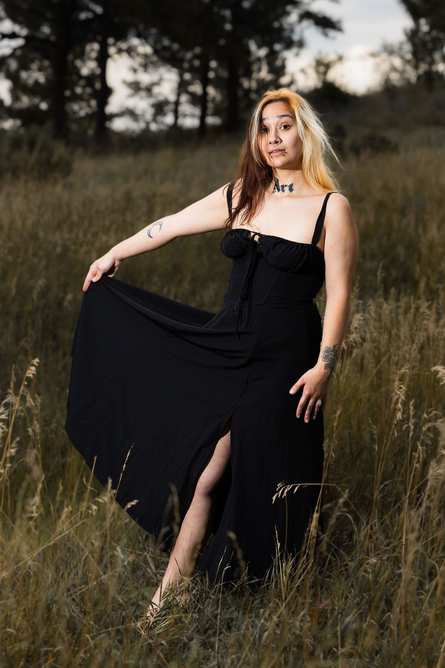 Dramatic poses of woman in black dress captured in golden field setting.