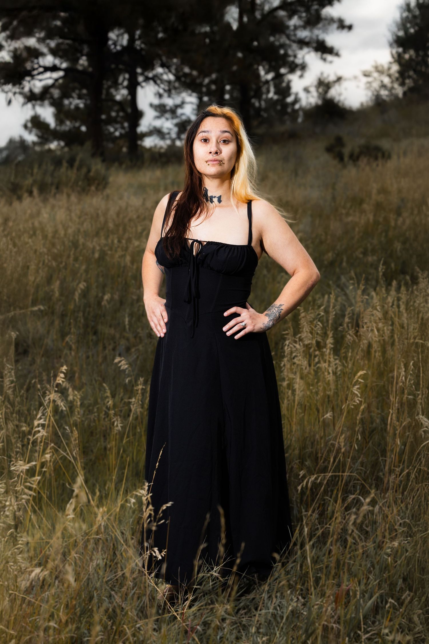 Portrait series in field shows woman in black dress against natural backdrop.