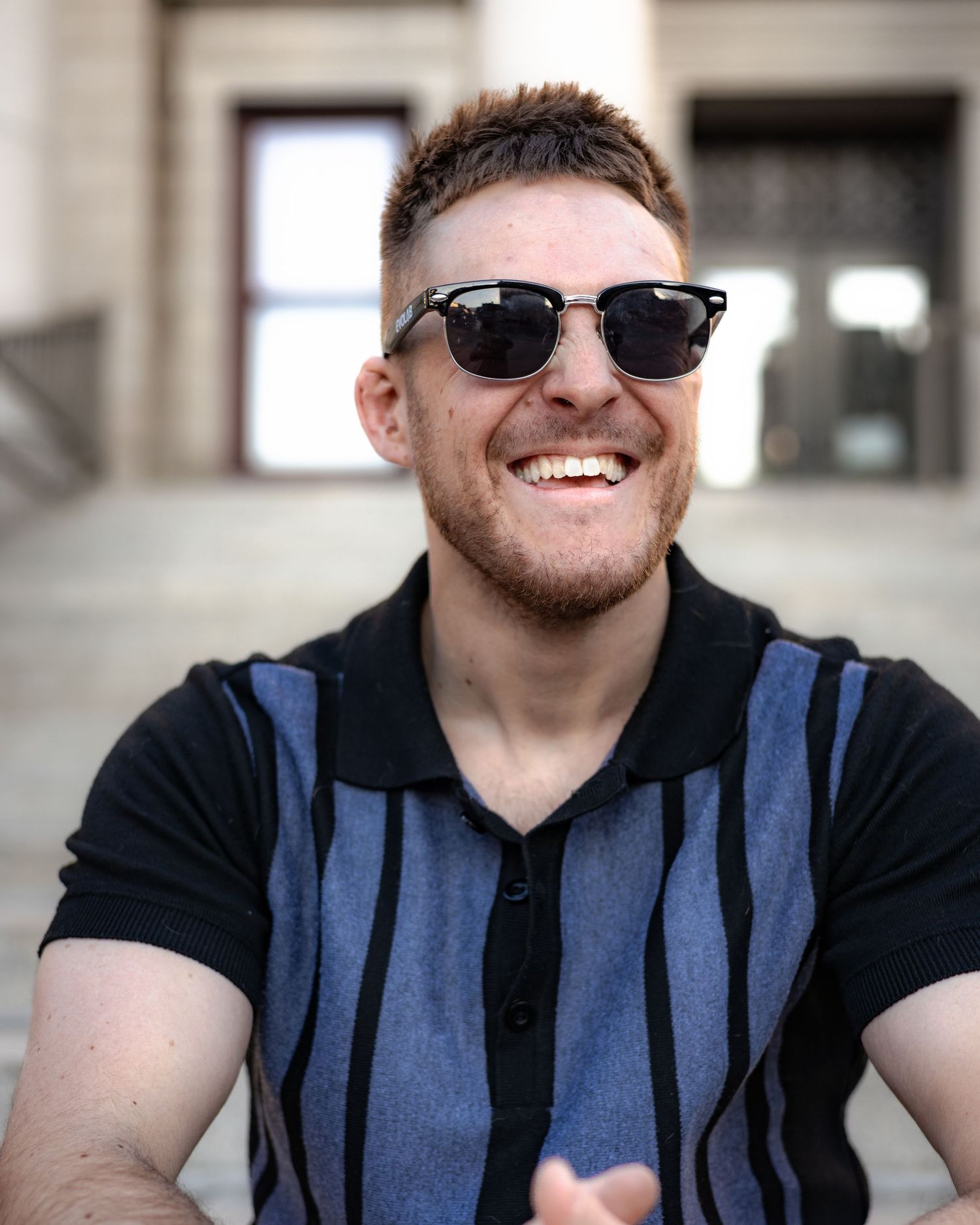 Casual portrait series showing someone in sunglasses and striped vest smiling outdoors.