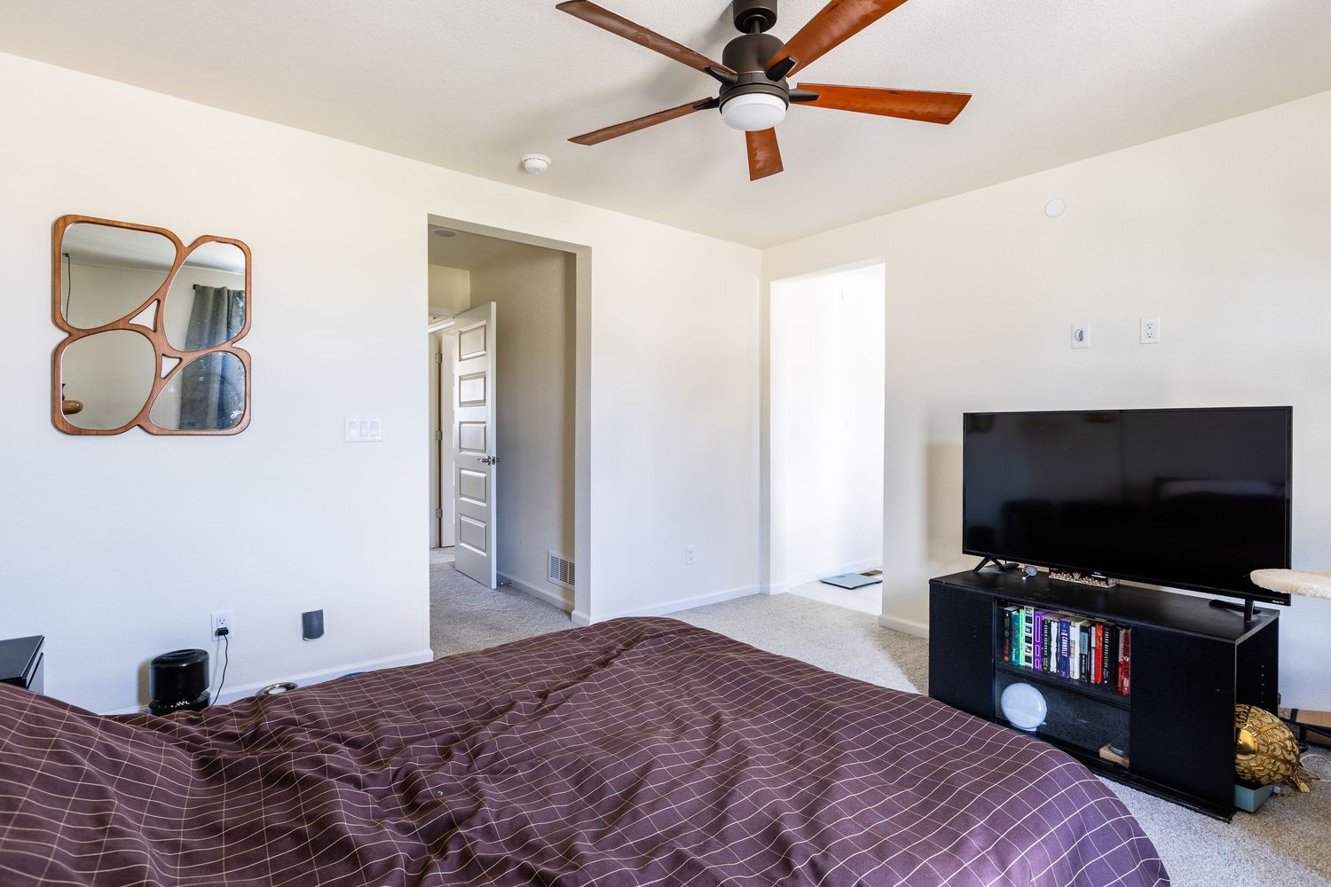 Cozy master bedroom with ceiling fan, large TV, purple bedding, and open doorway to ensuite bathroom.