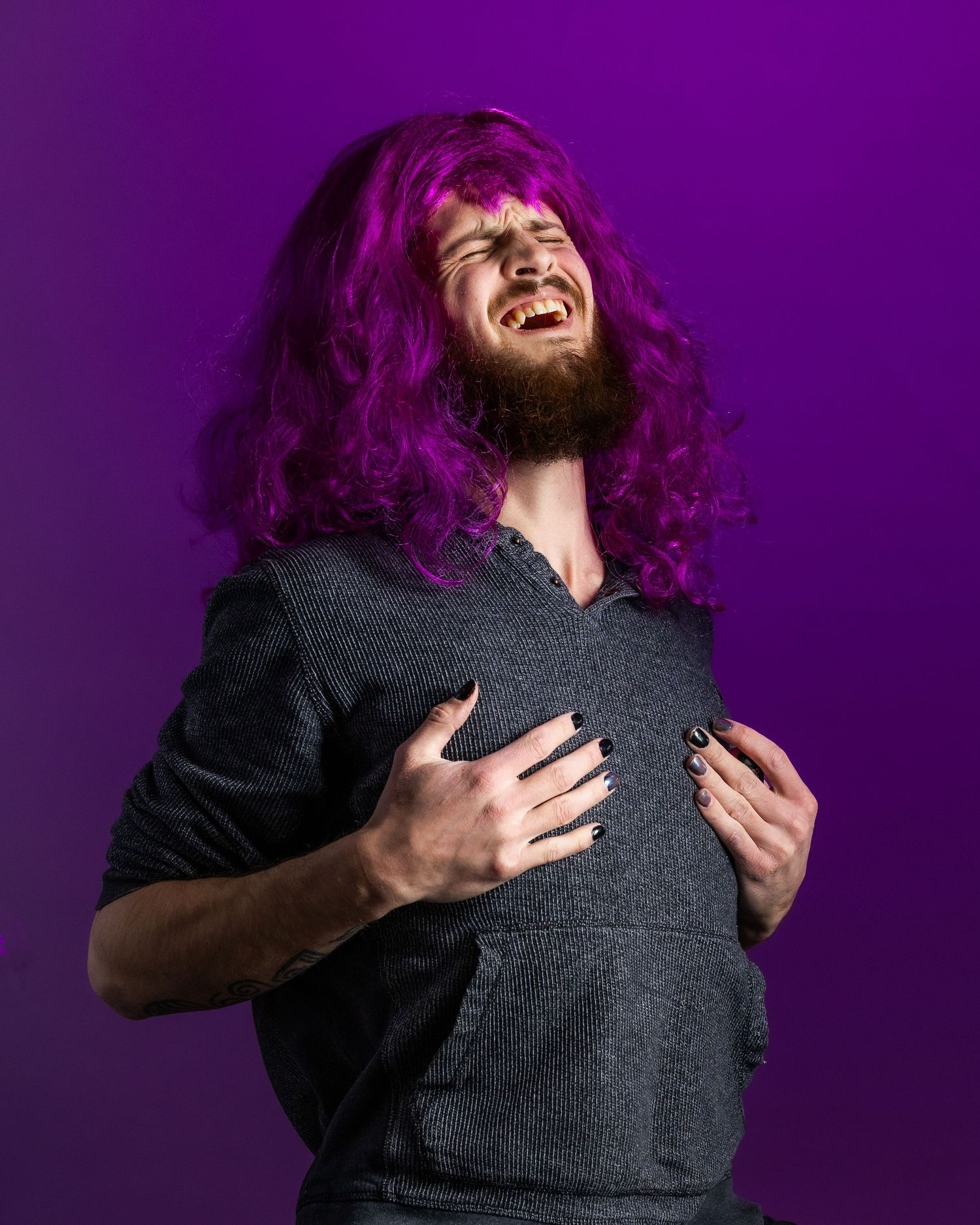 A sequence of expressive reactions with purple hair against a vibrant purple background.