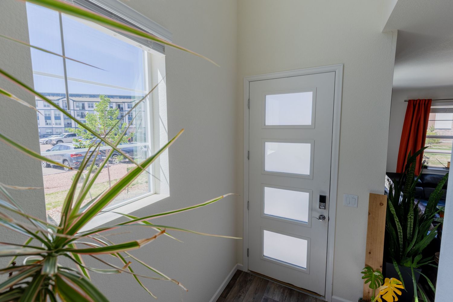 Bright entryway with modern frosted glass front door, large window, and tropical plants on dark hardwood floors.
