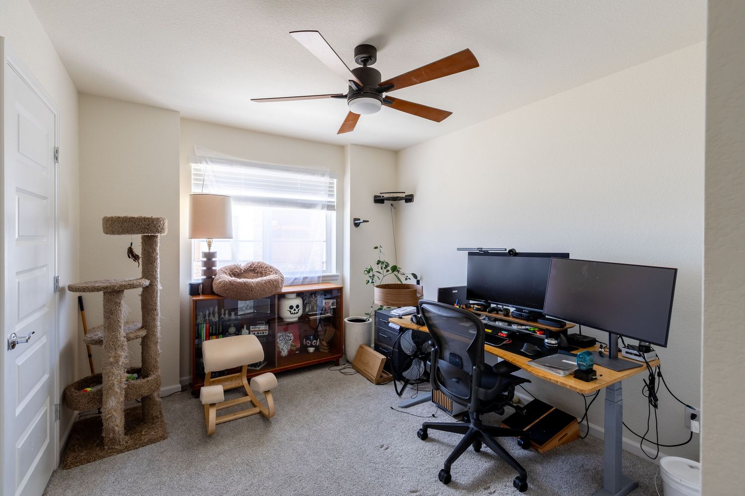 Home office with ceiling fan, dual monitor setup, cat tree, and carpeted floors near a bright window.