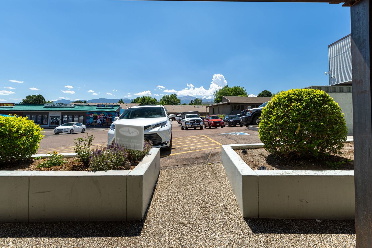 Exterior view of a strip mall parking lot with cars, blue sky, and manicured shrubs.