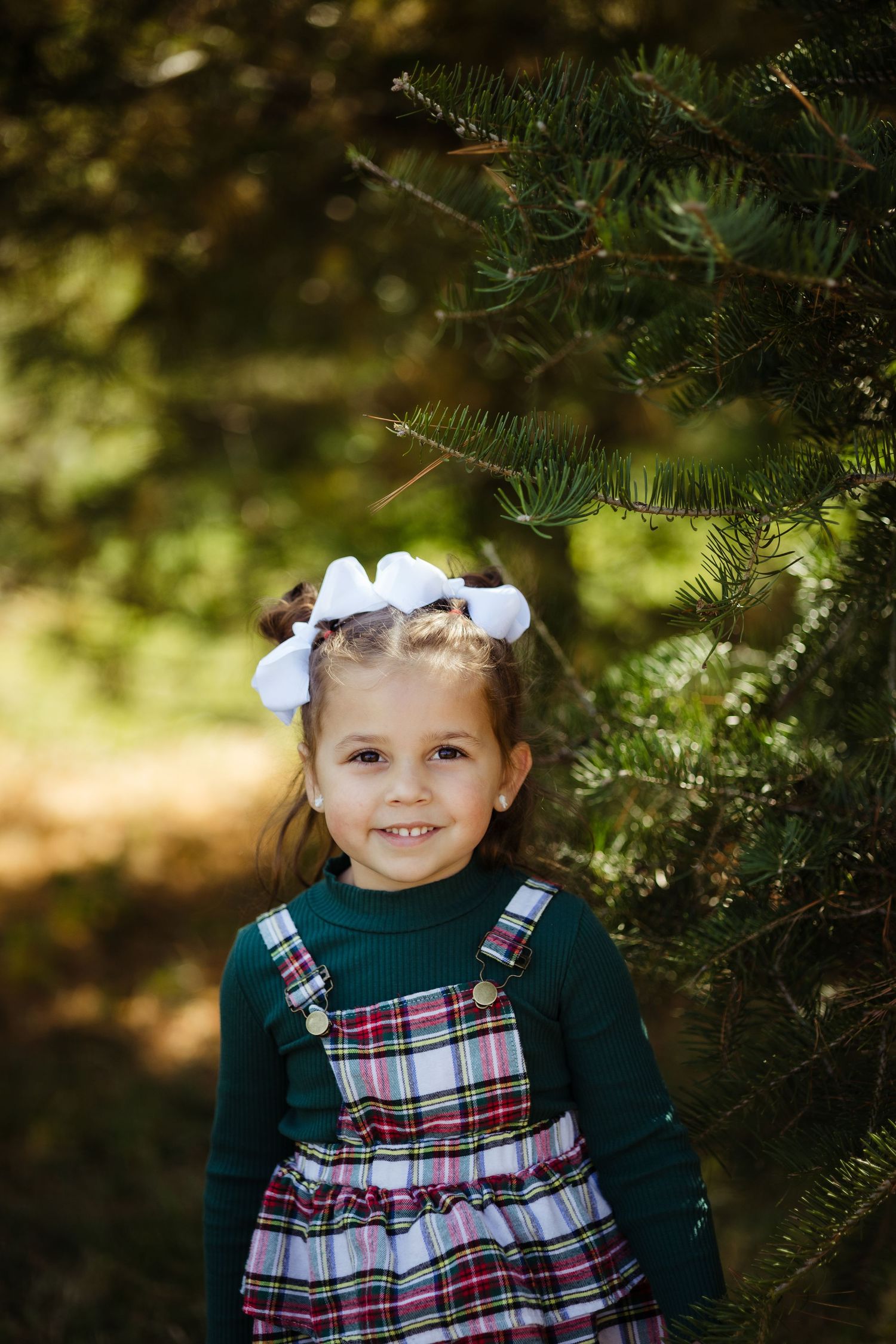 A happy young girl wearing a plaid dress and white hair bow stands near lush pine tree branches.