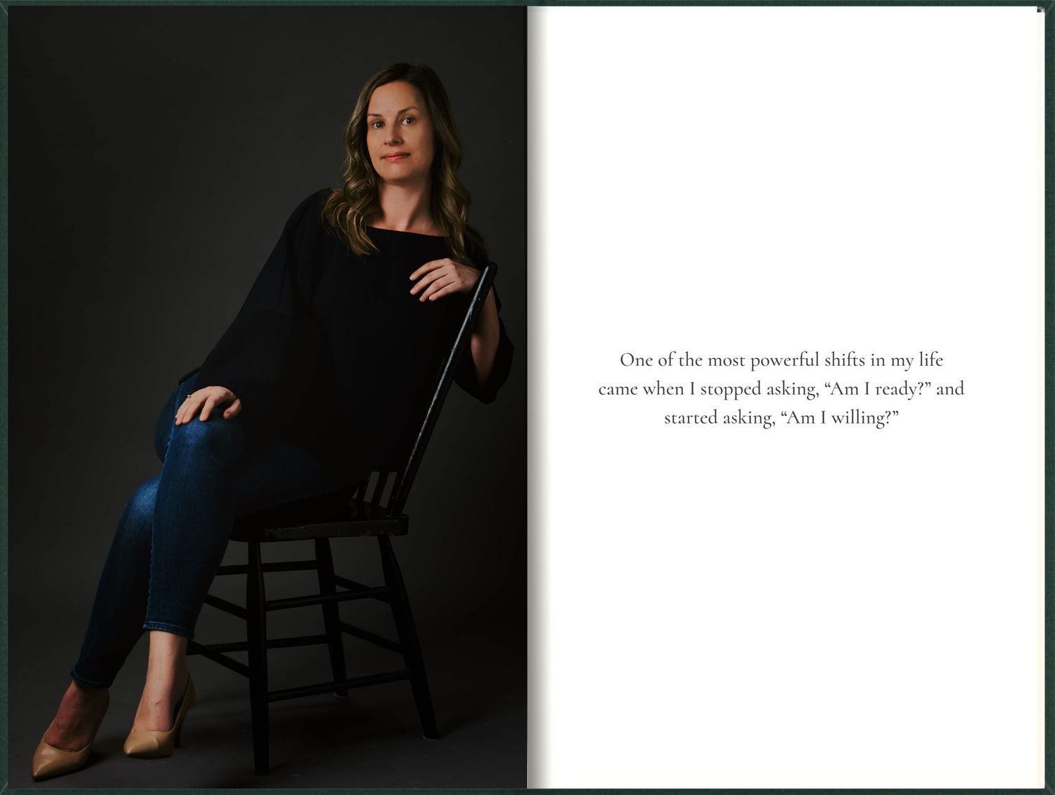 Woman in black top seated on chair with motivational quote against dark background.