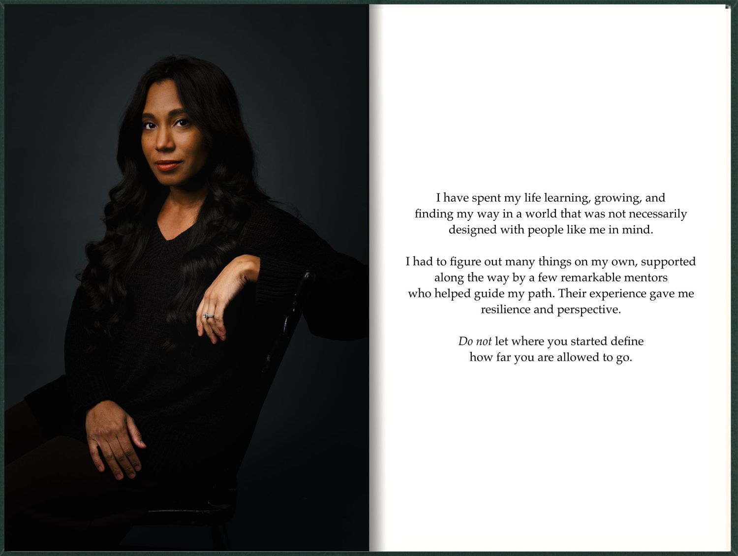 A woman sits confidently in a dark studio, beside an open book with an inspirational quote about learning and growth.