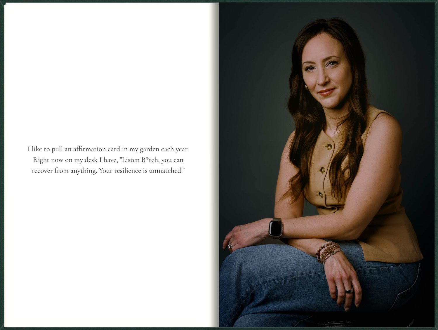 Smiling woman in tan top seated with affirmation card quote against green background.