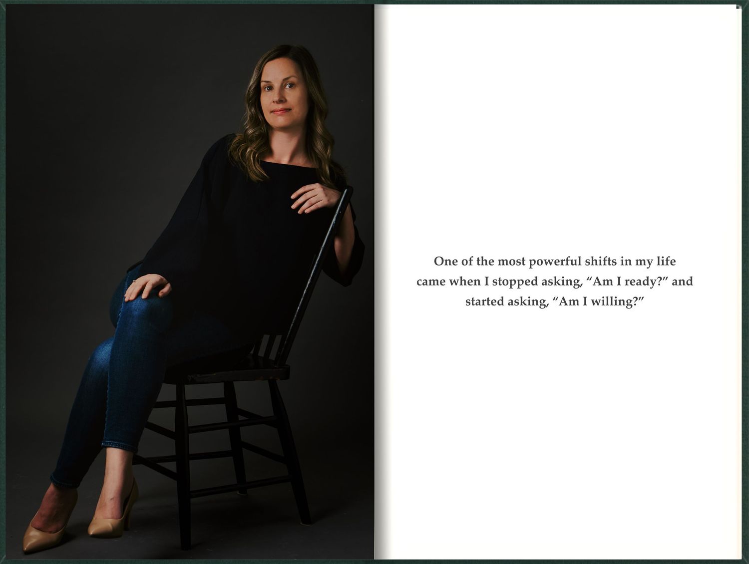 A woman in black sits beside a powerful quote about shifting from readiness to willingness in life.