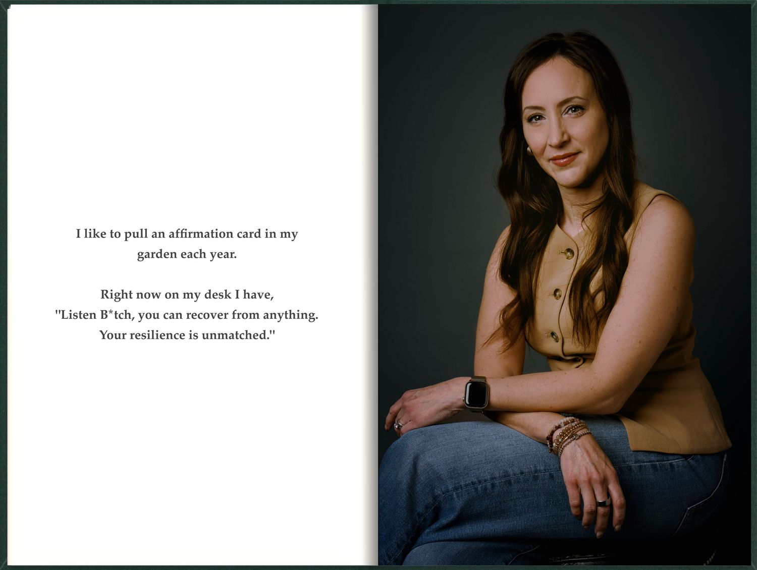 A smiling woman in casual attire sits beside a humorous desk affirmation card quote about resilience.