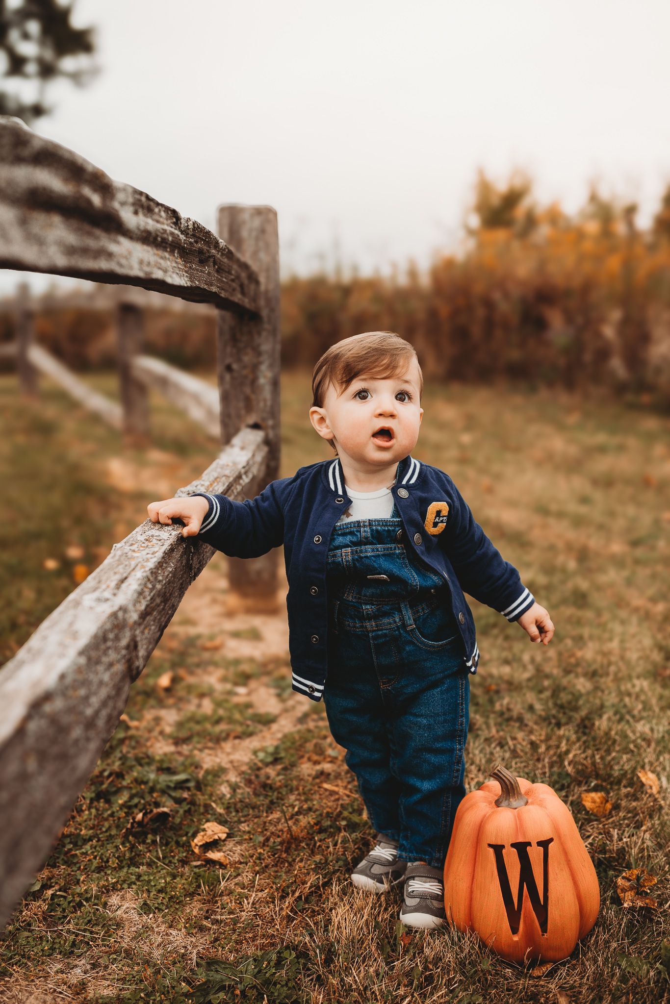 Toddler boy in denim overalls stands by a wooden fence next to a pumpkin with letter W.