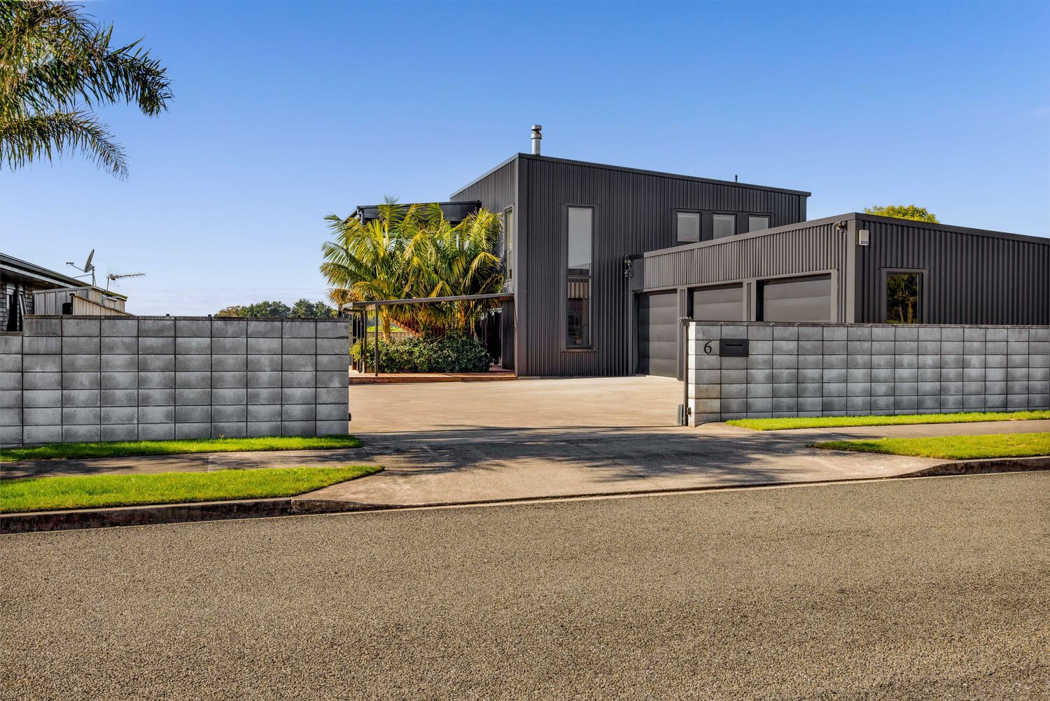 Modern gray house with concrete fence and palm trees in suburban setting.