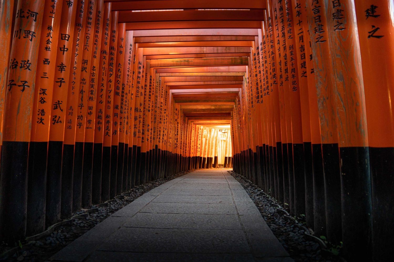 Pathway lined with rows of vivid red torii gates glowing with warm light. Japan