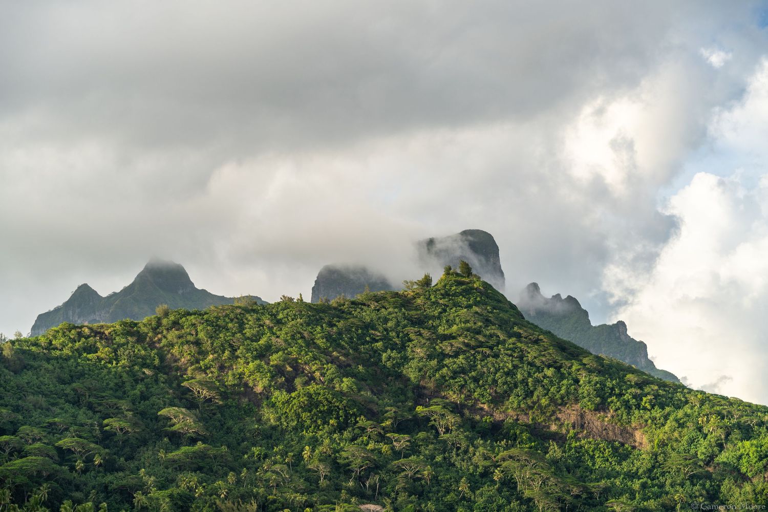 Lush green jungle-covered mountain peaks shrouded in low clouds and mist. Bora Bora