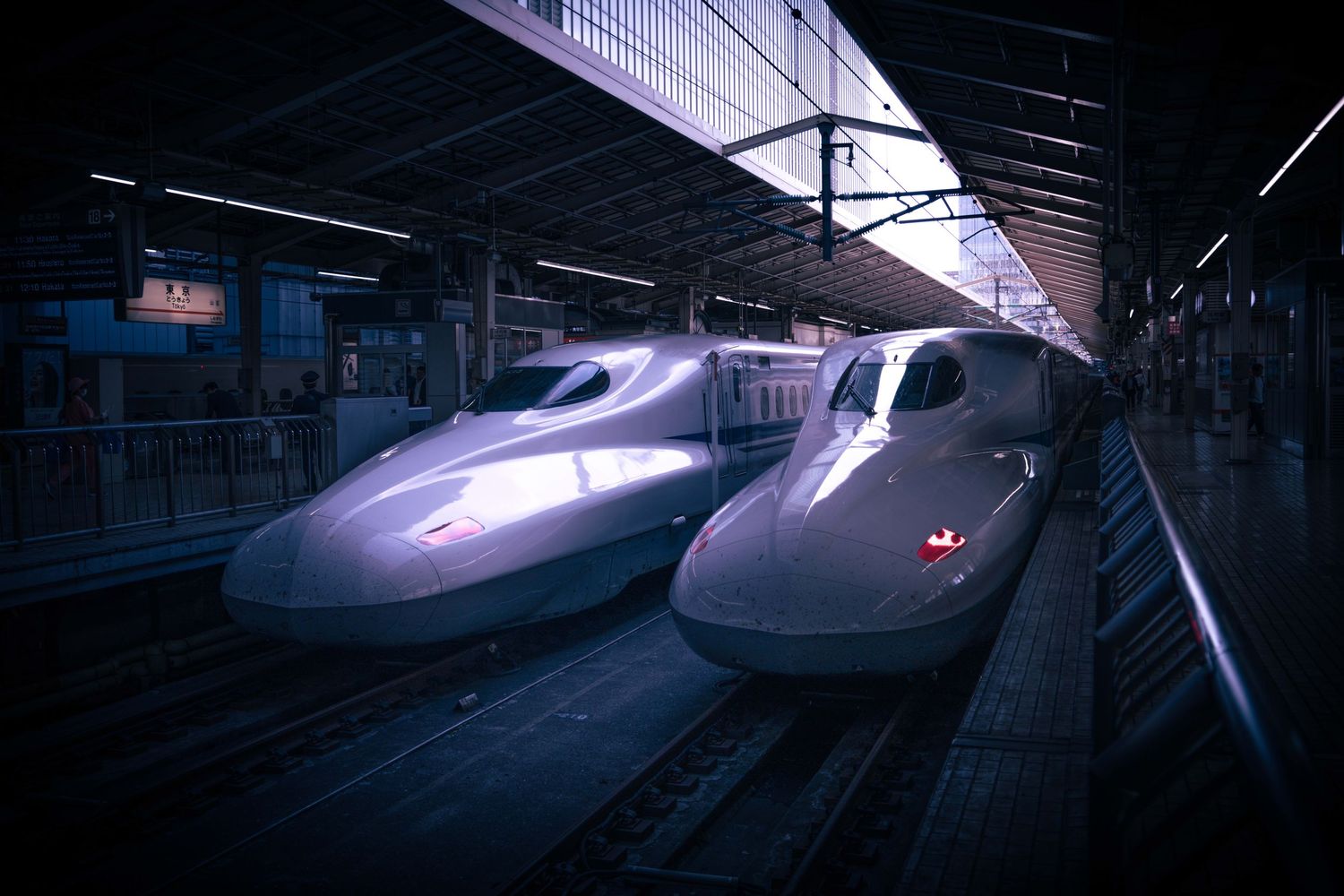 Two sleek bullet trains parked side by side at a covered station platform. Japan