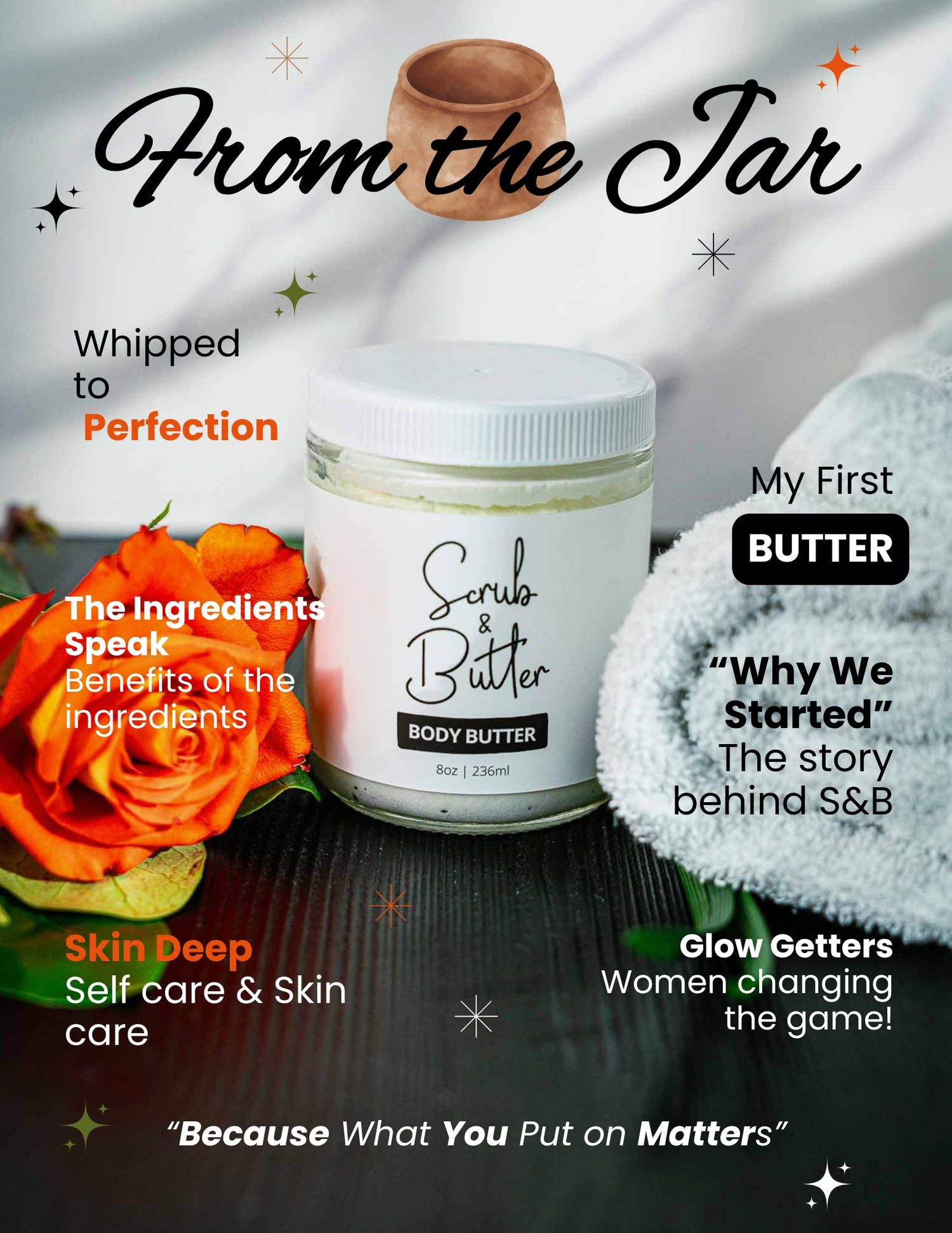 Magazine-style layout featuring body butter product with wellness and skincare themed text elements.