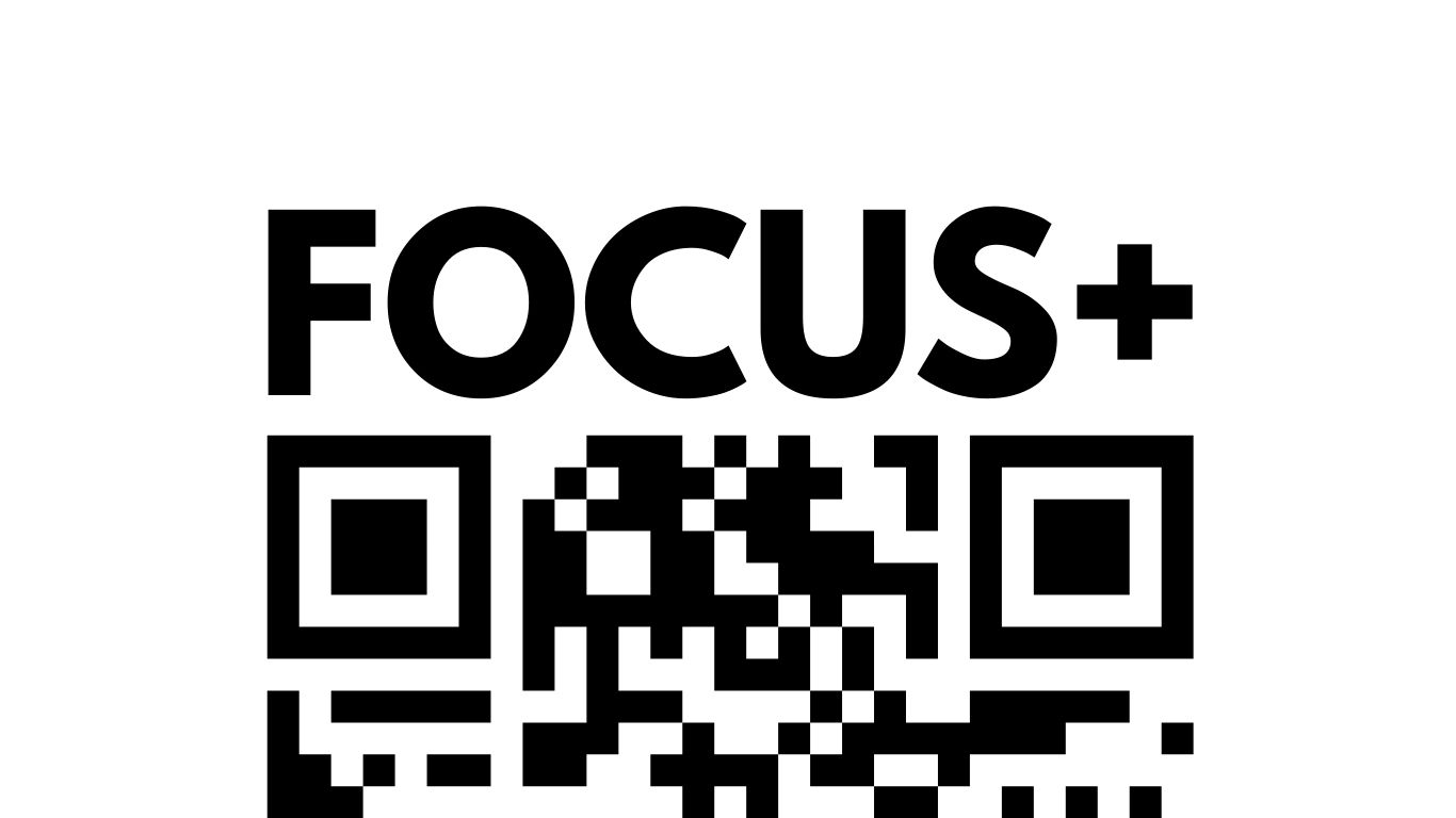 Black and white QR code design with FOCUS+ text above it.