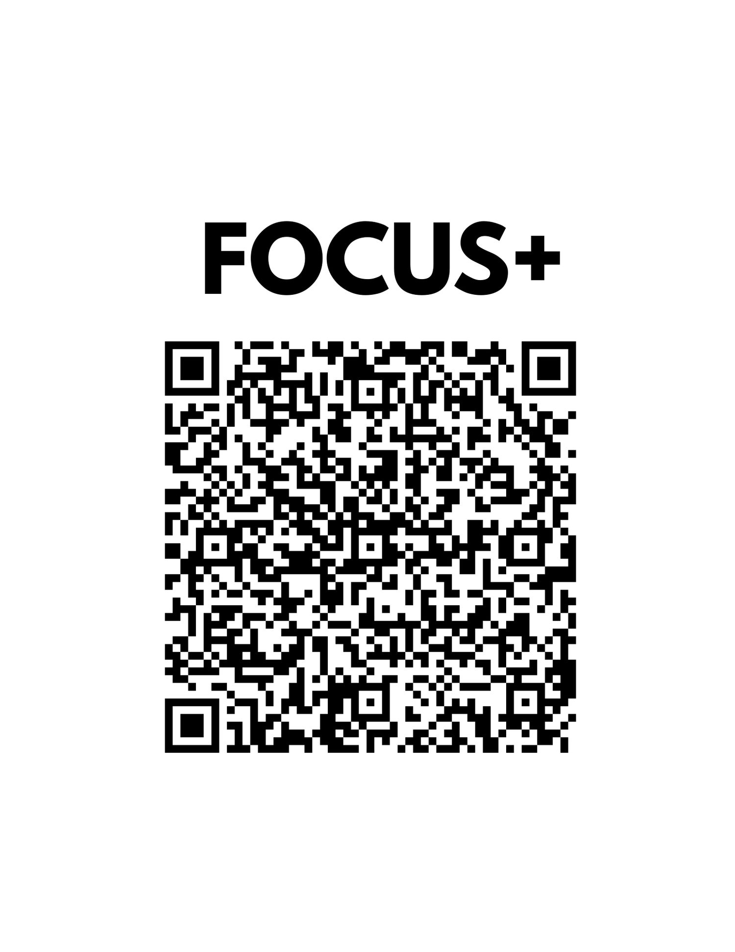 QR code scanning graphic with FOCUS+ branding on white background.