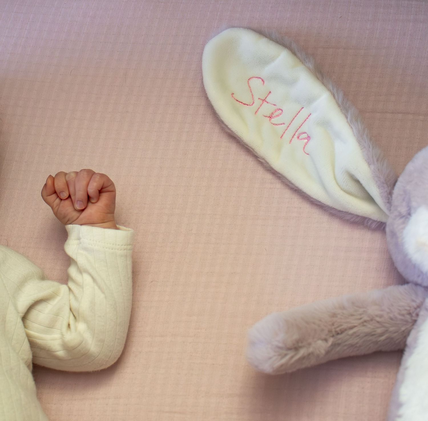 Newborn baby fist next to personalized Stella bunny lovey on pink background.