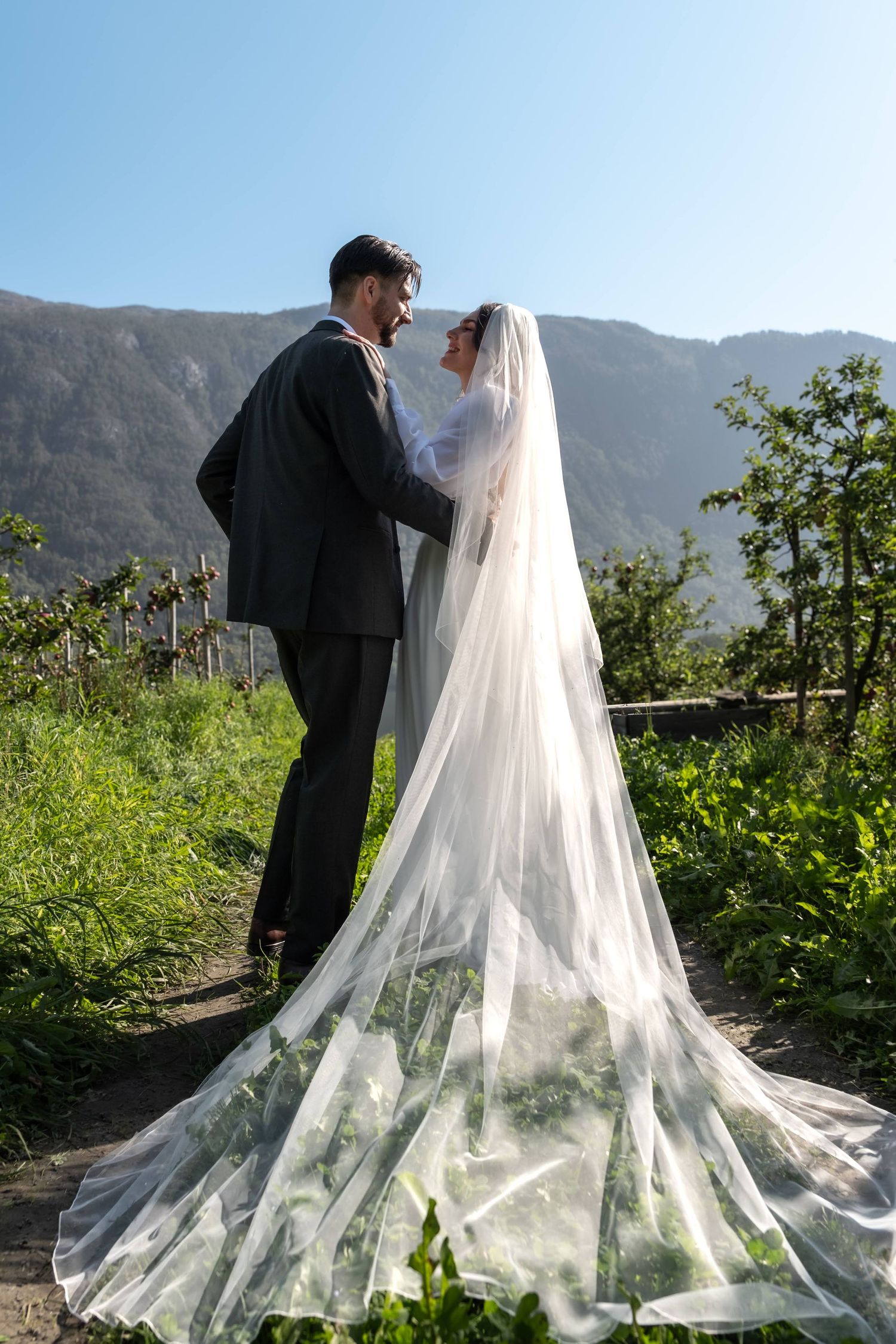 Bride in long veil and groom in black suit sharing romantic moment in mountain vineyard setting.