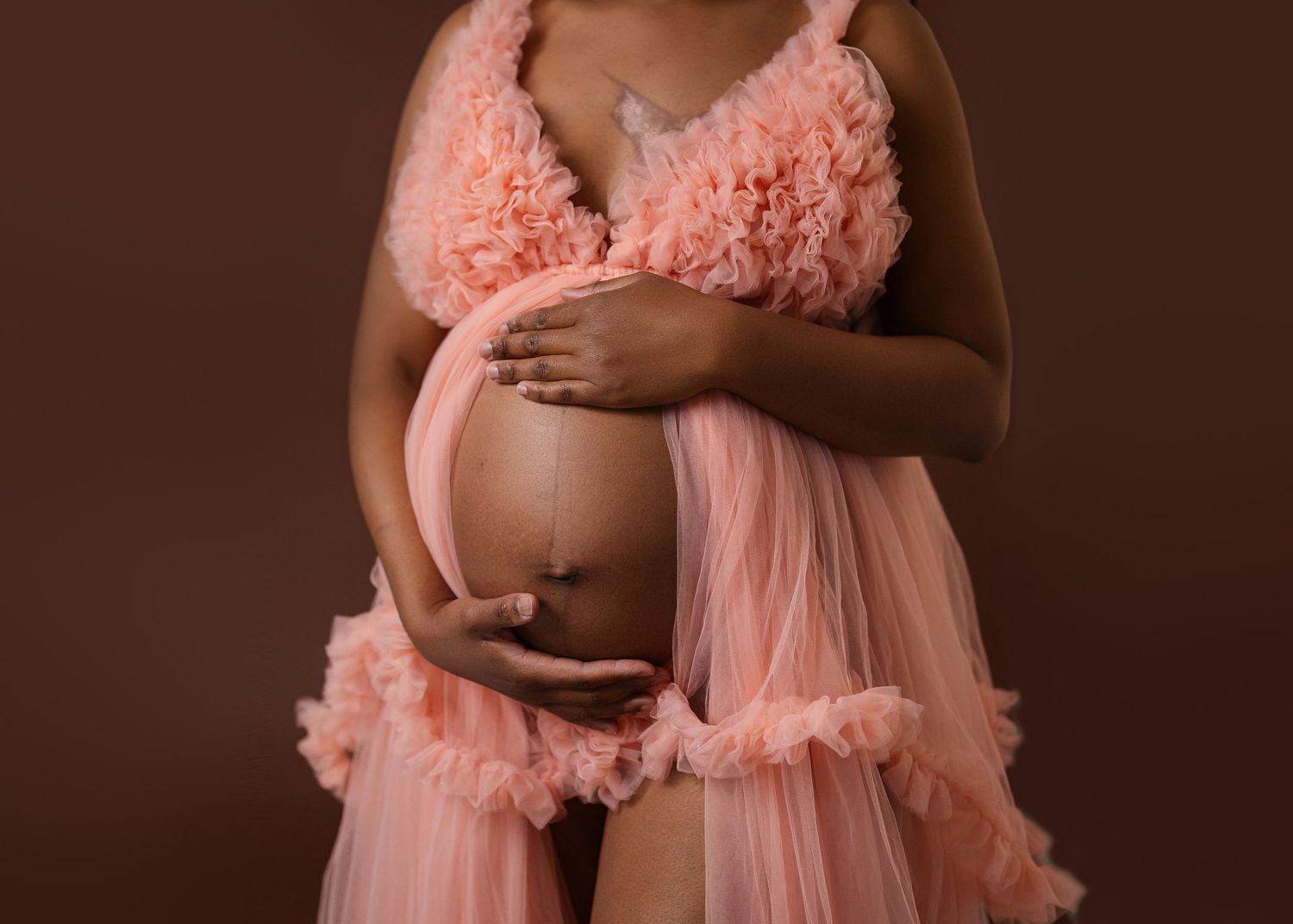 Maternity photos showcasing pink tulle dress with floral details on brown backdrop.