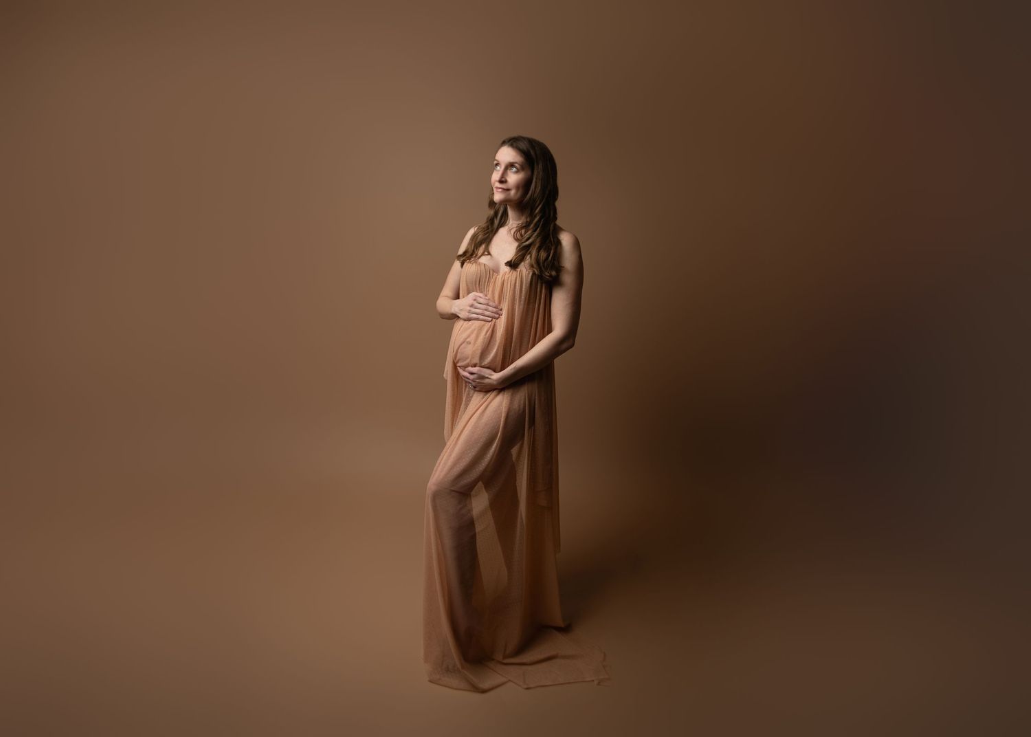 Artistic maternity photo series showing a woman in brown dress against neutral backdrop in various elegant poses.