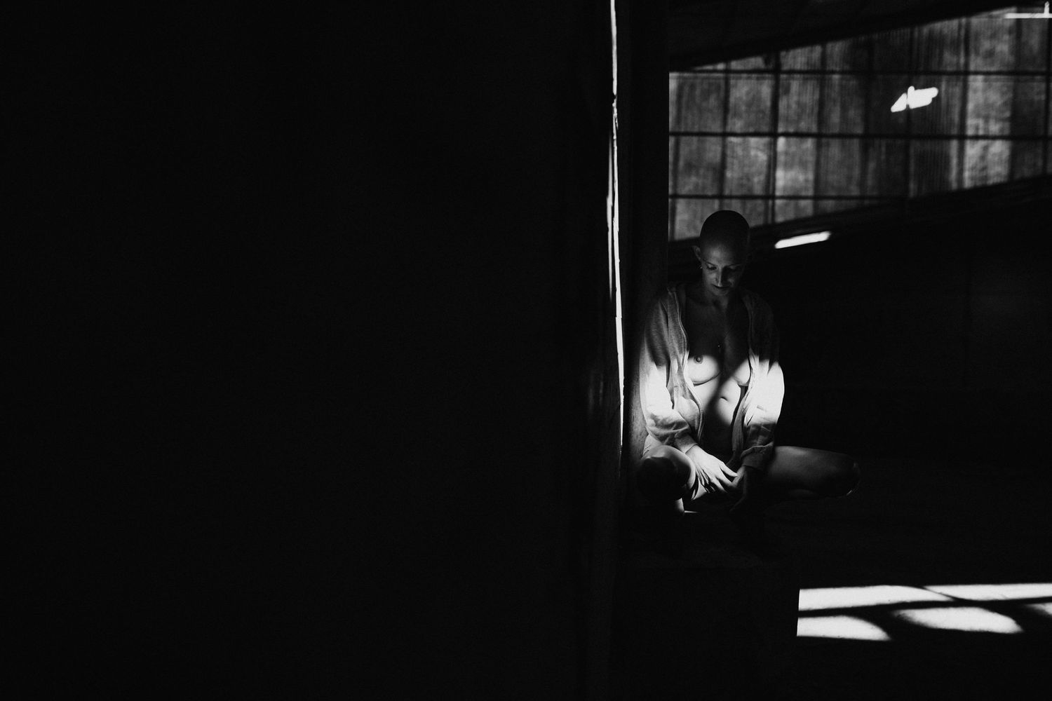Dark silhouettes against window light create dramatic shadows in a noir-style photographic sequence.