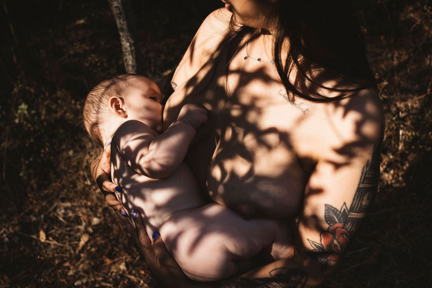 Artistic portrait series showing dramatic dappled light and shadows creating moody atmospheric effects on skin tones.
