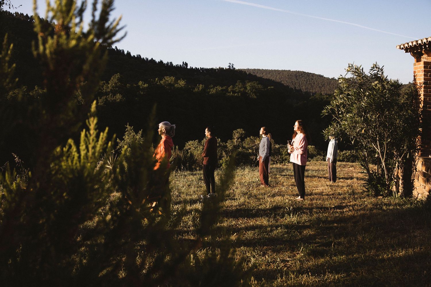 A series of silhouettes stand on a hilltop at sunset creating a dramatic scene against the fading light.