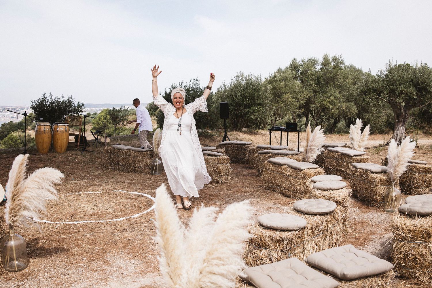 A collection of wedding photos showing joyful moments in a rustic outdoor setting with stone walls and natural scenery.