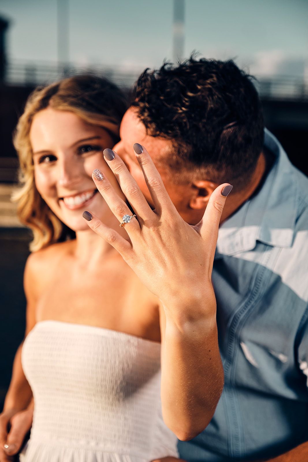 Happy engaged woman showing engagement ring - Green Bay Wisconsin Wedding Photography